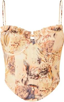 Hot PrettyLittleThing Floral Print Ruffle Trim Corset Nude