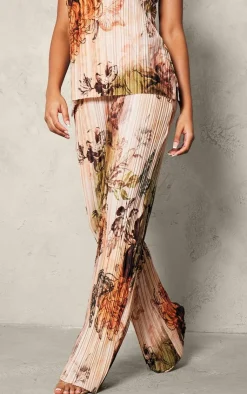 Hot PrettyLittleThing Floral Printed Plisse Mid Rise Wide Leg Pants Nude