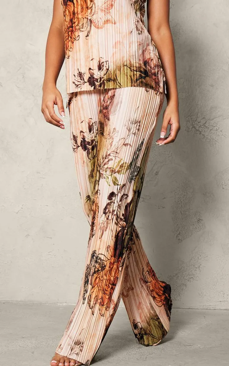 Hot PrettyLittleThing Floral Printed Plisse Mid Rise Wide Leg Pants Nude