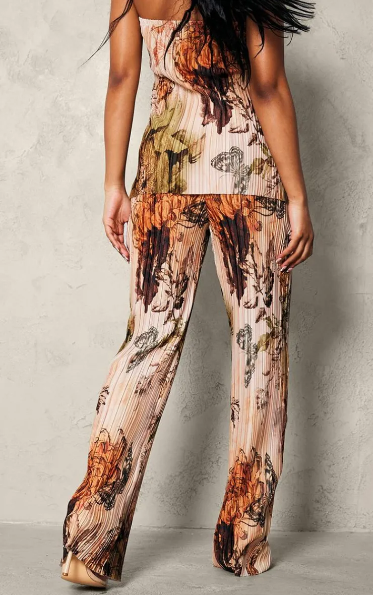 Hot PrettyLittleThing Floral Printed Plisse Mid Rise Wide Leg Pants Nude