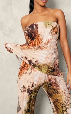Hot PrettyLittleThing Floral Printed Plisse Mid Rise Wide Leg Pants Nude