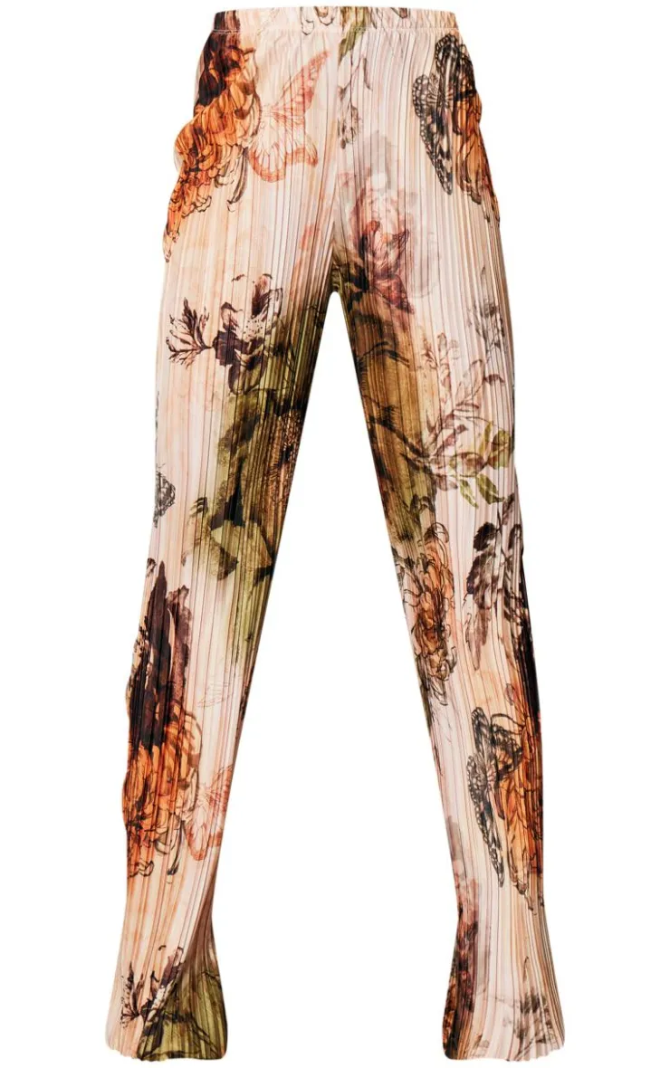 Hot PrettyLittleThing Floral Printed Plisse Mid Rise Wide Leg Pants Nude
