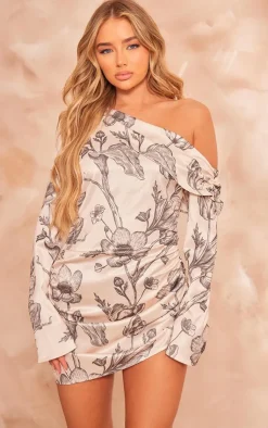 Floral Satin One Shoulder Drape Bodycon Dress-PrettyLittleThing Outlet