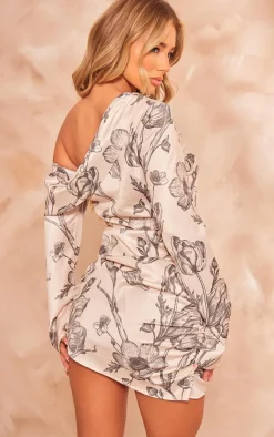 Floral Satin One Shoulder Drape Bodycon Dress-PrettyLittleThing Outlet