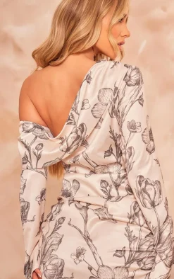 Floral Satin One Shoulder Drape Bodycon Dress-PrettyLittleThing Outlet