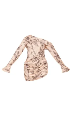 Floral Satin One Shoulder Drape Bodycon Dress-PrettyLittleThing Outlet