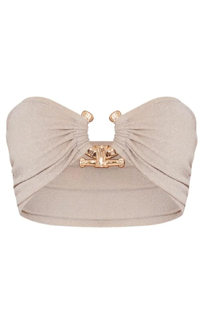 Nude Glitter Hammered Trim Bandeau Bikini Top