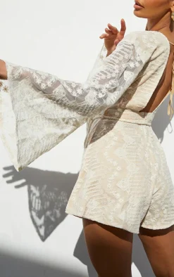 Nude Lace Flare Sleeve Rope Belt Romper