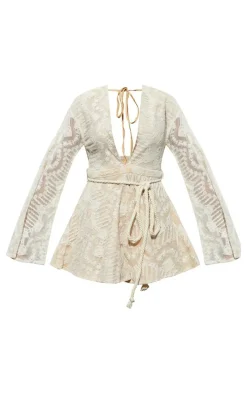 Nude Lace Flare Sleeve Rope Belt Romper