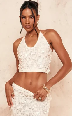 Hot PrettyLittleThing Large Sequin Plunge Crop Top Nude