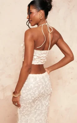 Hot PrettyLittleThing Large Sequin Plunge Crop Top Nude