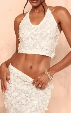Hot PrettyLittleThing Large Sequin Plunge Crop Top Nude