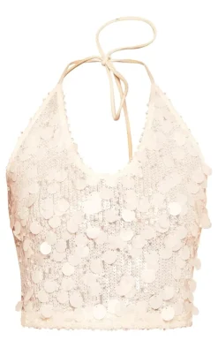 Hot PrettyLittleThing Large Sequin Plunge Crop Top Nude