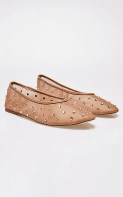 PrettyLittleThing Ballet Flats*Mesh Round Toe Diamante Stud Ballet Pumps