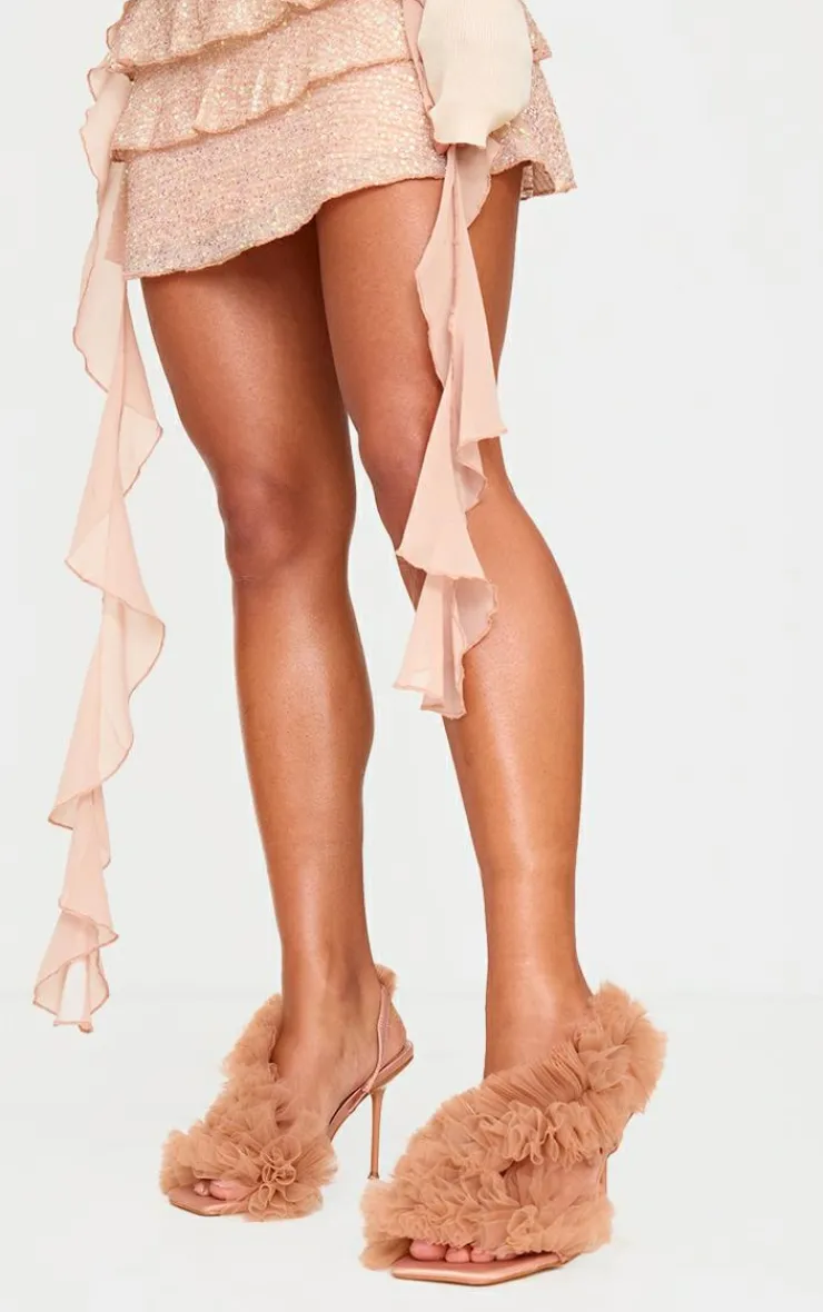 PrettyLittleThing Heeled Sandals*Mesh Square Toe Ruffle Asymmetric Sling Back Heeled Sandals