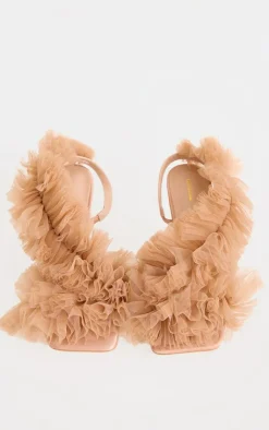 PrettyLittleThing Heeled Sandals*Mesh Square Toe Ruffle Asymmetric Sling Back Heeled Sandals