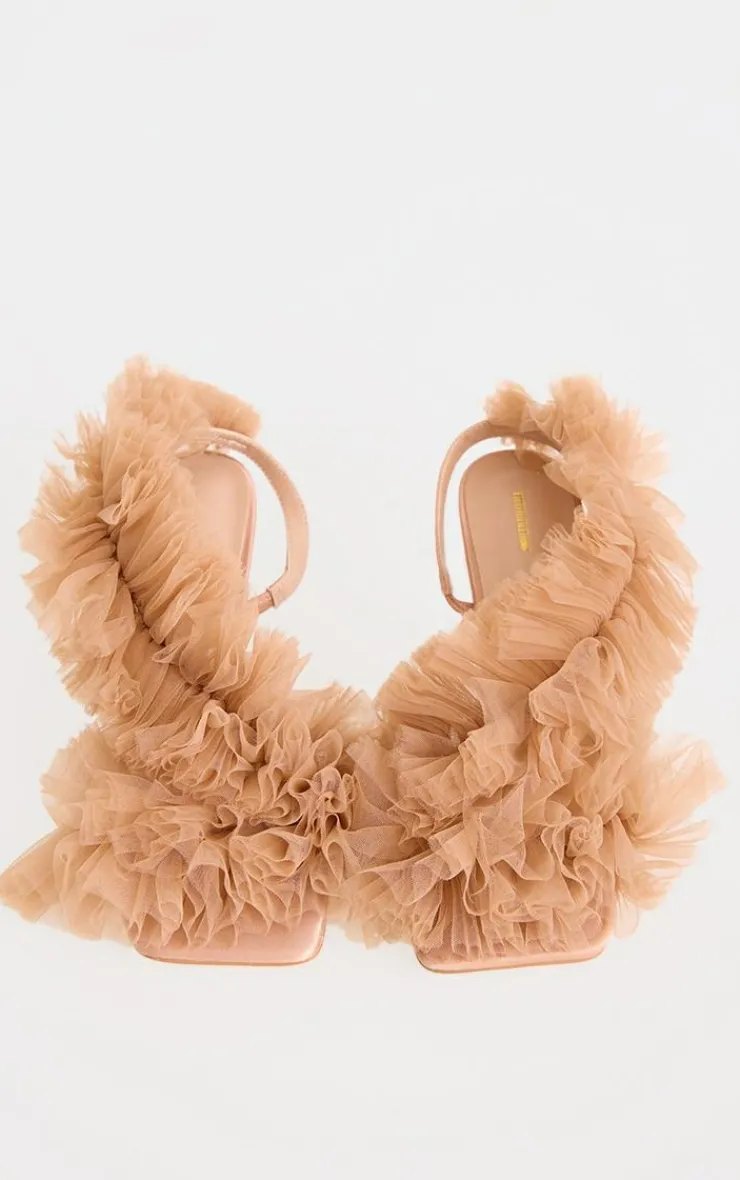 PrettyLittleThing Heeled Sandals*Mesh Square Toe Ruffle Asymmetric Sling Back Heeled Sandals