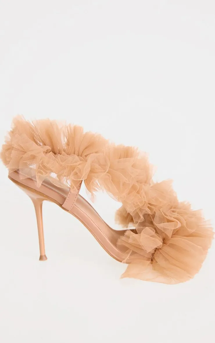 PrettyLittleThing Heeled Sandals*Mesh Square Toe Ruffle Asymmetric Sling Back Heeled Sandals