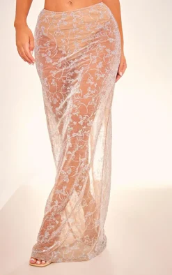 Online PrettyLittleThing Metallic Textured Mesh Low Rise Maxi Skirt Nude