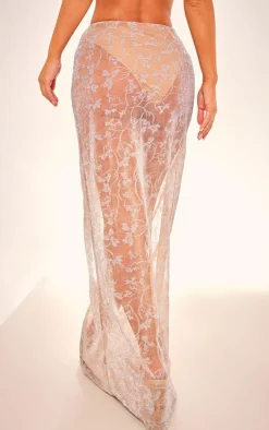 Online PrettyLittleThing Metallic Textured Mesh Low Rise Maxi Skirt Nude