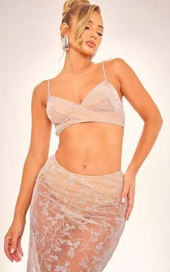 Outlet PrettyLittleThing Metallic Textured Mesh Bralet Nude