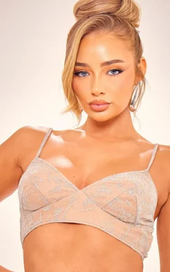 Outlet PrettyLittleThing Metallic Textured Mesh Bralet Nude