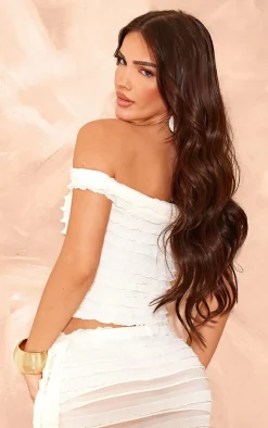 Clearance PrettyLittleThing Off The Shoulder Ruffle Textured Crop Top Nude