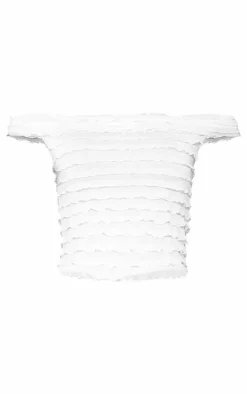 Clearance PrettyLittleThing Off The Shoulder Ruffle Textured Crop Top Nude