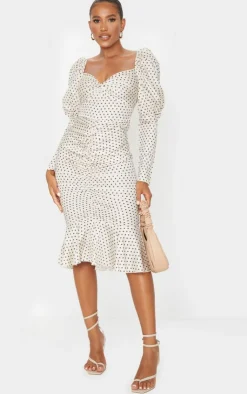 Polka Dot Puff Sleeve Ruched Detail Frill Hem Midi Dress-PrettyLittleThing Clearance