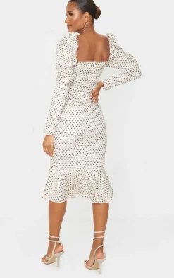 Polka Dot Puff Sleeve Ruched Detail Frill Hem Midi Dress-PrettyLittleThing Clearance