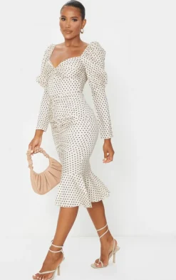 Polka Dot Puff Sleeve Ruched Detail Frill Hem Midi Dress-PrettyLittleThing Clearance