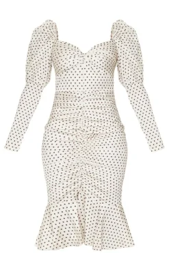 Polka Dot Puff Sleeve Ruched Detail Frill Hem Midi Dress-PrettyLittleThing Clearance