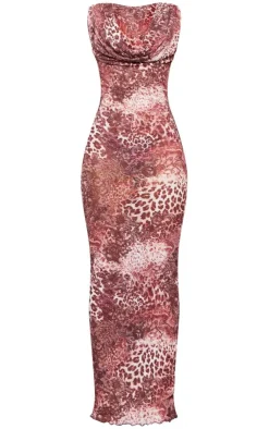 Printed Crinkle Mesh Cowl Neck Midi Dress-PrettyLittleThing Online