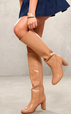 PrettyLittleThing High Heels*Pu Croc Round Toe High Heeled Block Knee Boots