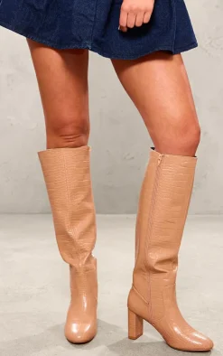 PrettyLittleThing High Heels*Pu Croc Round Toe High Heeled Block Knee Boots
