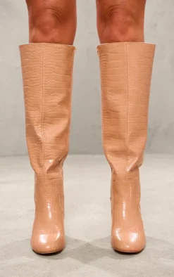 PrettyLittleThing High Heels*Pu Croc Round Toe High Heeled Block Knee Boots
