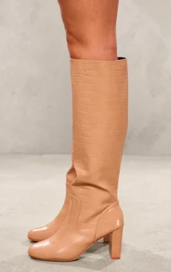 PrettyLittleThing High Heels*Pu Croc Round Toe High Heeled Block Knee Boots
