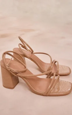 PrettyLittleThing Heeled Sandals*PU Croc Square Toe Asymmetric Strappy Block Heel Sandals