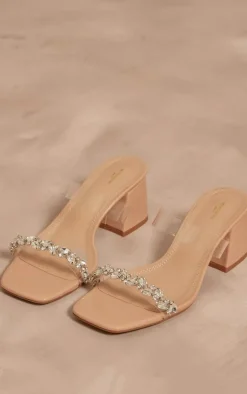 PrettyLittleThing Wide Fit Heels*PU Wide Fit Square Toe Jewel Perspex Block Heeled Mules
