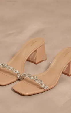 PrettyLittleThing Wide Fit Heels*PU Wide Fit Square Toe Jewel Perspex Block Heeled Mules