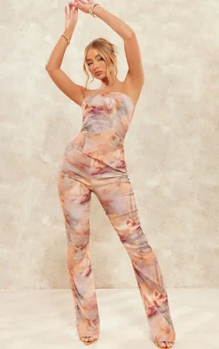 Outlet PrettyLittleThing Renaissance Print Stretch Woven Straight Leg Pants Nude