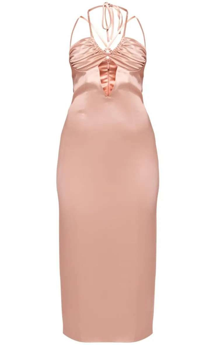Satin Halter Neck Midi Dress-PrettyLittleThing