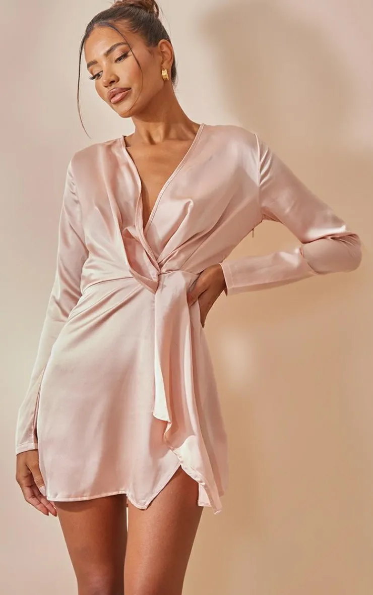 Satin Long Sleeve Wrap Dress-PrettyLittleThing