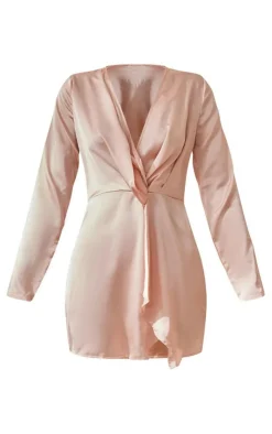 Satin Long Sleeve Wrap Dress-PrettyLittleThing