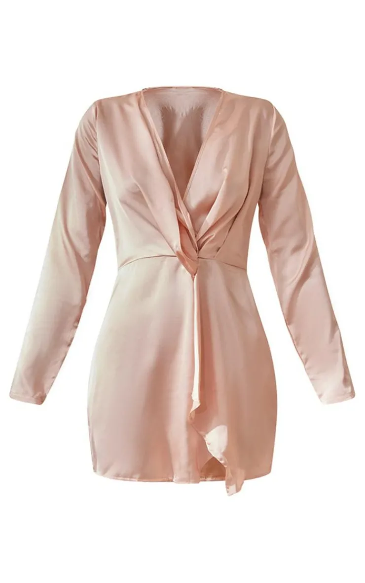 Satin Long Sleeve Wrap Dress-PrettyLittleThing