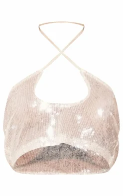 Best PrettyLittleThing Sequin Halterneck Crop Top Nude