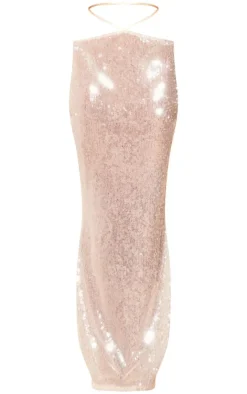 Clearance PrettyLittleThing Sequin Low Rise Maxi Skirt Nude