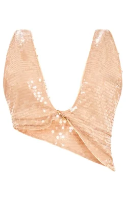Best PrettyLittleThing Sequin Sleeve Plunge Metal Detail Bralet Nude
