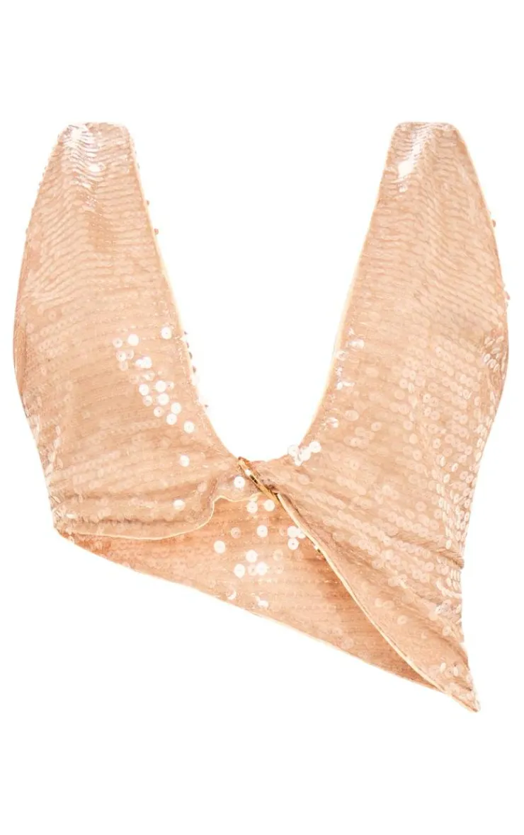 Best PrettyLittleThing Sequin Sleeve Plunge Metal Detail Bralet Nude