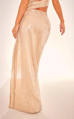 Hot PrettyLittleThing Sequin Twist Front Extreme Split Midaxi Skirt Nude